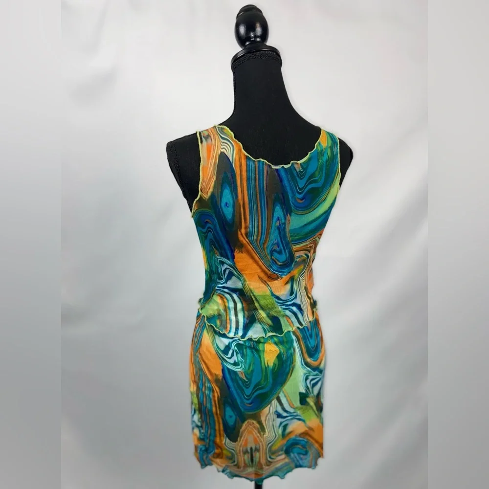 Matching Set Dress Multicolor Marble Print Mesh Dress Lettuce Trim SHEIN - Picture 5 of 11